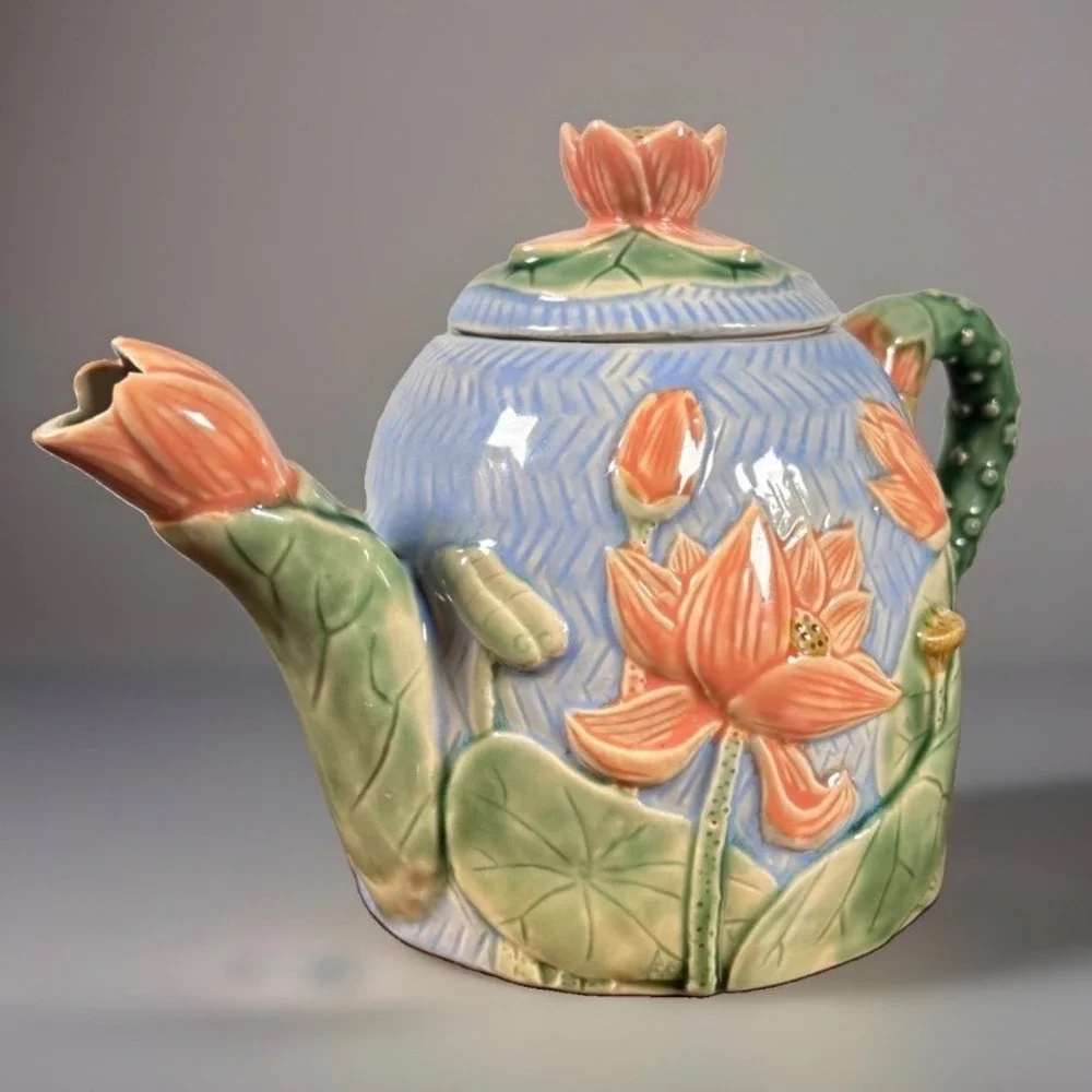 Henriksen Imports Lotus Flower Ceramic Teapot Pink Blue Majolica Style Floral